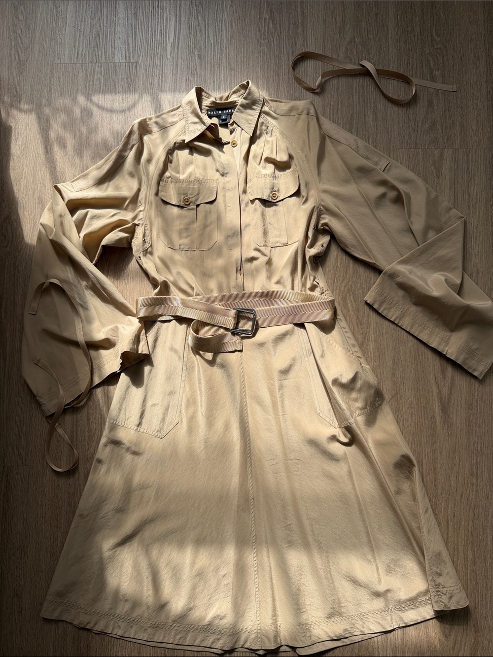 Ralph Lauren Utility Shirt Dress Beige Belted Cotton Size 6